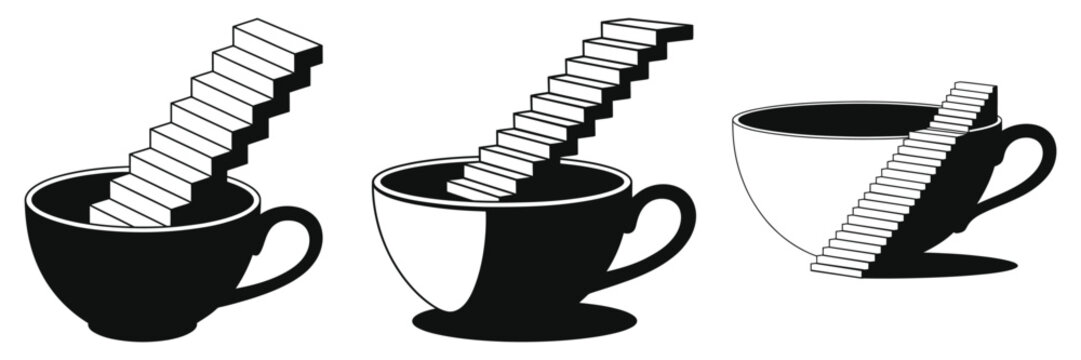 Surreal Silhouette Vector of Staircase Descending into Teacup, Whimsical Conceptual Art Set