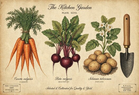Vintage botanical illustration of harvest-ready root vegetables with gardening tools and plants