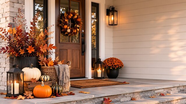 Fall porch decorated with pumpkins and flowers
