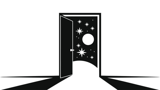 Surreal Minimalist Vector Silhouette of an Open Door into Outer Space, Cosmos Universe with Moon Stars and Portal Gateway Concept Art Illustration