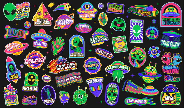 Space alien and UFO y2k groovy stickers. Galaxy funky vector patch labels with cartoon alien astronaut characters, psychedelic universe planets and rocket spaceship. Retro groovy space stickers set