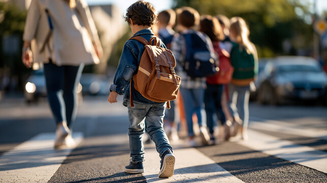 Rear view of teacher and group of elementary students walking across a bright zebra crossing backpacks in varied colors bobbing gently education safety and daily routine concept outdoor