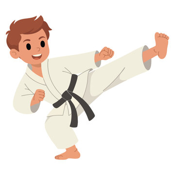 Black belt karate kid boy showing kicking attack techniques in martial art practice with cute cartoon character style