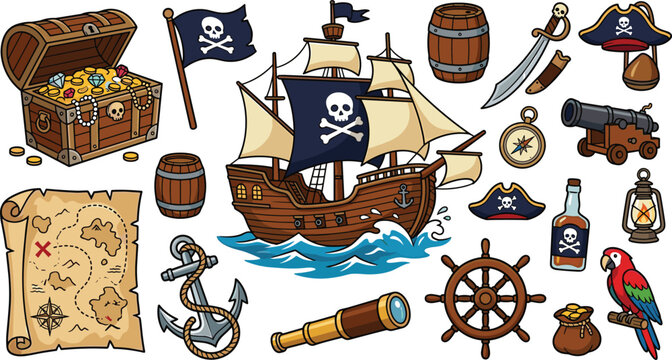 Pirate adventure vector cartoon collection with ship treasure chest map anchor flag and parrot
