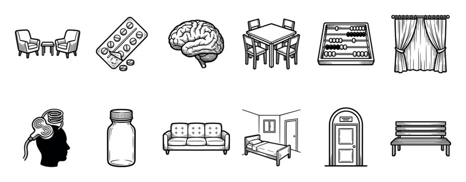 Set of black and white icons representing psychology, mental health treatment, and psychiatry concepts in a hand-drawn sketch style, including a brain, pills, sofa, and ECT device