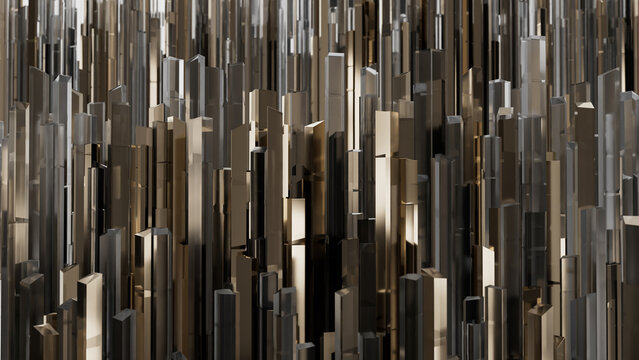 Gold and glass vertical sticks illuminated by light. Abstract background. Can be used as a texture or background for design projects, scenes, etc.