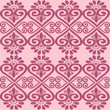 Vintage pink floral heart damask seamless pattern background, romantic ornament vector