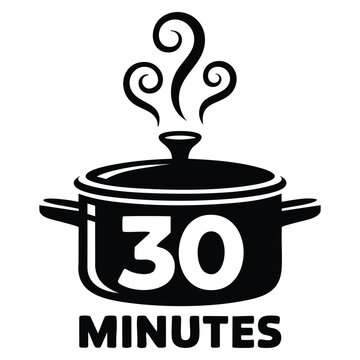 Boiling time icon with 30 minutes cook clip art in black silhouette vector perfect for food service timing design resources