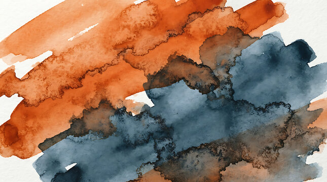 Abstract layered watercolor washes combine moody indigo blue and earthy burnt orange textures with expressive painterly splatters.