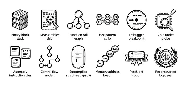 Set of reverse engineering icons showing binary code, debugging, assembly language, and memory analysis in a hand-drawn black and white line art style for software development concepts