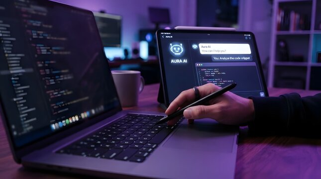 Software developer coding on laptop in dark workspace with programming interfaces and technology screens