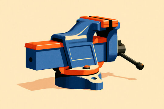 A heavy-duty metal bench vise with a vibrant blue body and orange jaws, featuring a rotating handle, set against a light-colored background