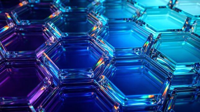 Abstract 3D Render of Glowing Hexagonal Glass Structures with Blue and Purple Prism Light Effects