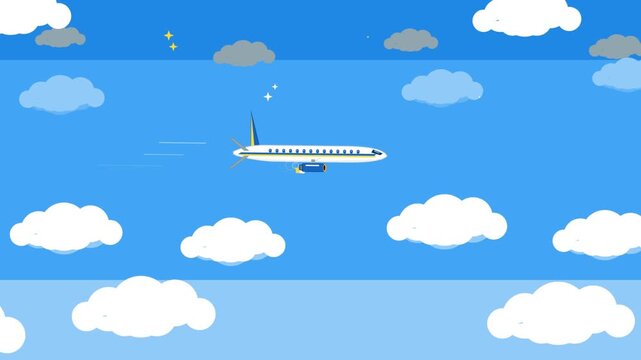 Cartoon Airplane Flying Through a Fluffy Cloudscape