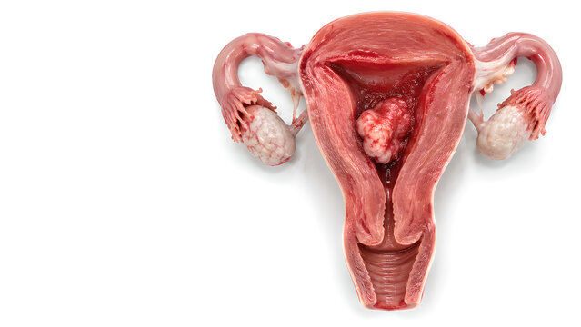 Endometrial cancer uterus photorealistic medical education image showing malignant endometrial lesion with inflammation on white clinical background for patient education and healthcare communication