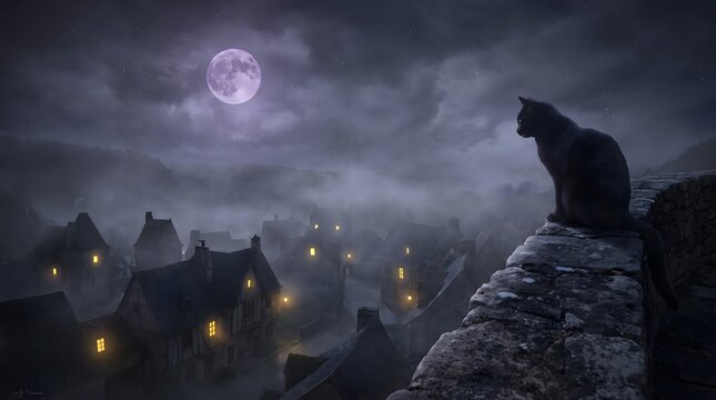 Spooky halloween background with black cat sitting on a rooftop under a full moon over a village