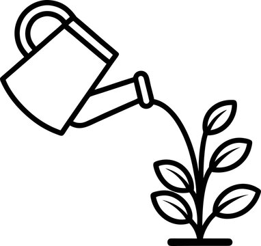 Outline watering can pouring water on plant icon, gardening symbol for vegetation, agriculture line art, nursery design element graphic