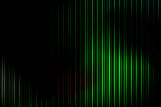 Abstract glowing green vertical lines forming flowing geometric waves on deep black background, futuristic digital stripe pattern with luminous gradient, modern technology texture and elegant backdrop