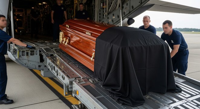 Polished dark wooden casket partially covered with a black drape being prepared inside an aircraft cargo hold