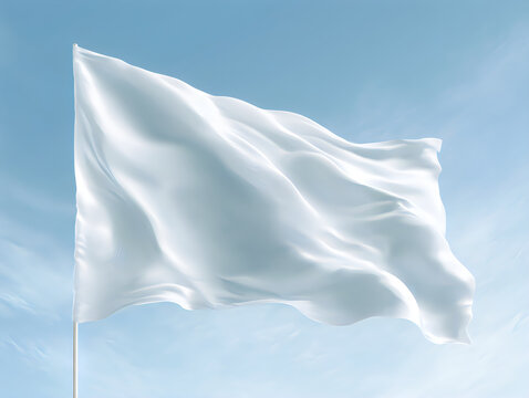 Blank white flag waving in the wind against a clear blue sky