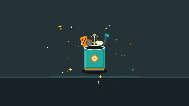 Animated Cooking Utensils and Food Ingredients in a Teal Kitchen Container