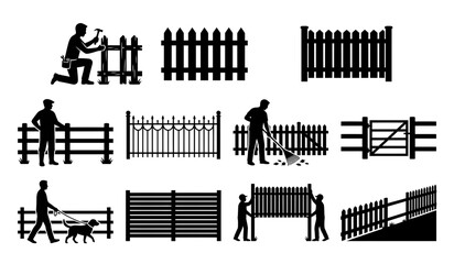 Obraz premium Black silhouette illustrations of diverse fence styles with people repairing building gardening walking dogs and performing outdoor property maintenance activities