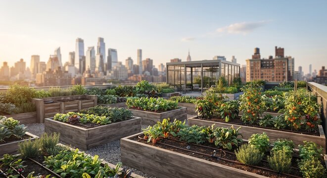 Urban rooftop vegetable garden with city skyline at sunset