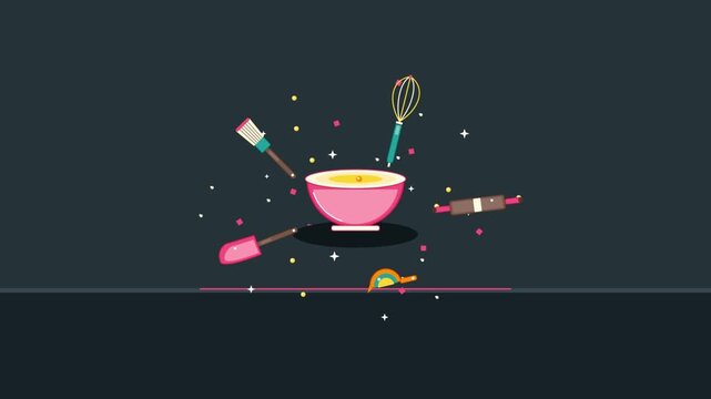 Animated Kitchen Utensils Floating Around a Pink Mixing Bowl