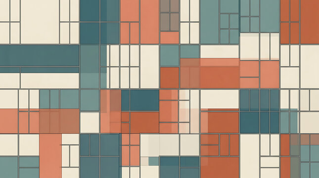 Geometric pattern with cream, teal, and coral rectangles and squares for modern graphic design.
