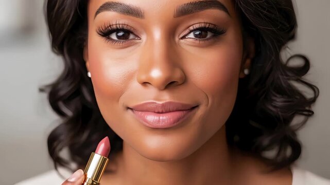 Close-up of a smiling African American woman applying pink lipstick. Female model using cosmetics for daily makeup routine. Beauty and personal care concept