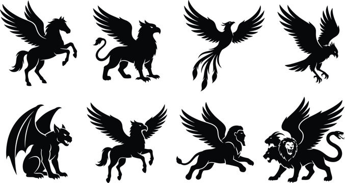 Collection of mythological winged creatures and fantasy monster silhouettes in flat black design