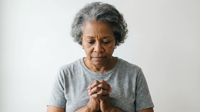 A senior woman prays earnestly with her hands clasped together in front of a gray background.