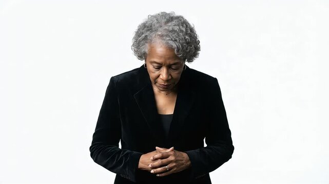A senior woman in a black jacket, head bowed and deep in thought.