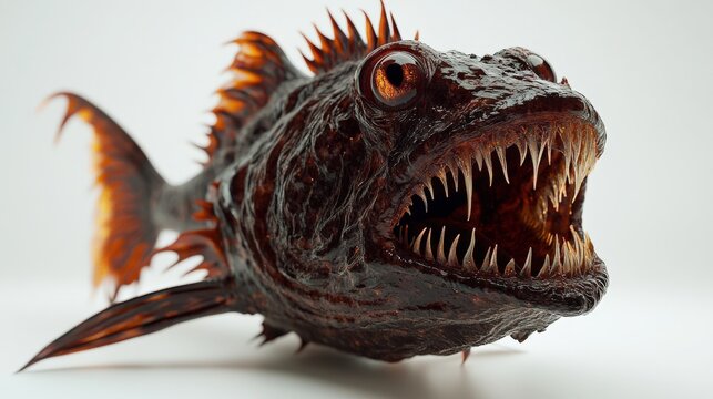 Aggressive anglerfish with sharp teeth and glowing eyes swims in white void for monster horror concept designs.