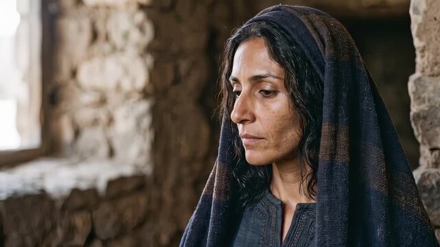 Ancient Levantine woman portraying Esther standing inside a rustic stone dwelling. Historical biblical character with a head covering gazing thoughtfully. Cinematic period portrait