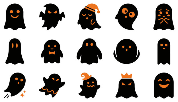 Collection of adorable black ghost characters with various expressions and halloween accessories