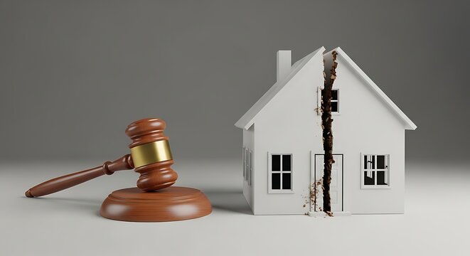 Legal Concept: Broken Model House Next to a Judge's Gavel Symbolizing Divorce or Property Dispute