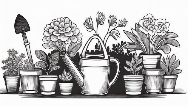 hand drawn of gardening tools and flower pots in black and white trowel watering can