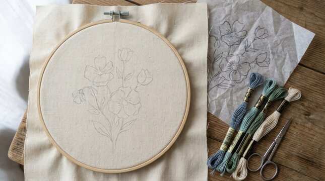 Embroidery hoop with sketched garden flowers, thread, scissors, and needle on a rustic table. Handmade craft concept for creative home living and self-sufficient lifestyle.