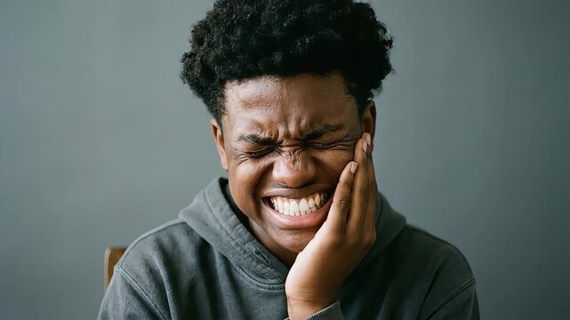 A young man winces in pain from a toothache and clutches his aching cheek.