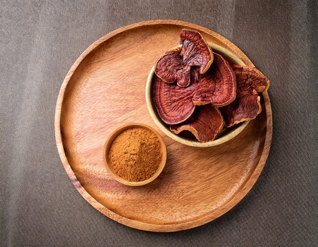 dried lingzhi mushroom and powder reishi ganoderma lucidum shelf mushroom medicinal mushroom alternative medicine