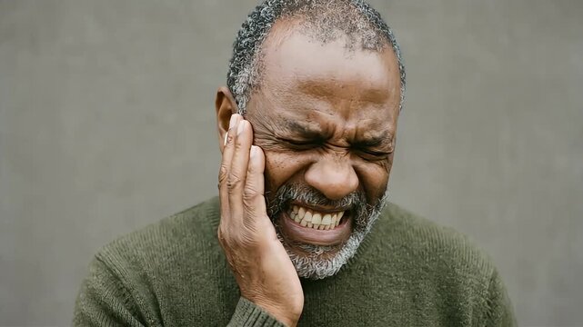 An elderly man clutches his cheek, unable to bear the severe toothache.