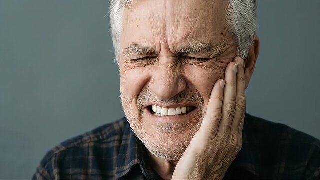 An elderly man winces in pain from a sudden, severe toothache.