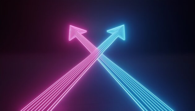 3d render abstract minimalist geometric background two counter neon arrows approaching each other contradiction concept