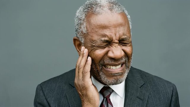 A senior man in a suit winces in pain from a severe toothache, clutching his cheek.
