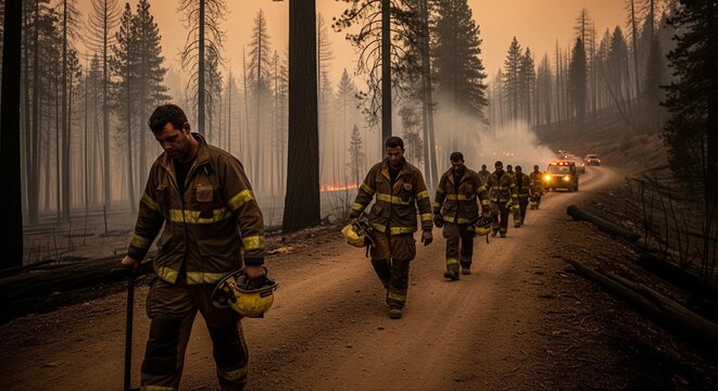 Firefighters walking along dirt road through smoky burnt forest