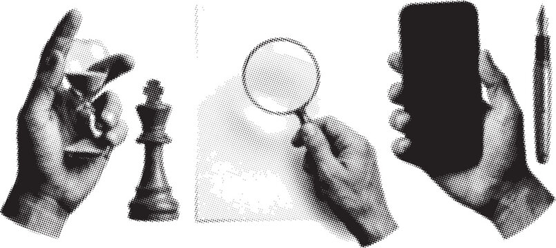 Halftone collection of hands holding chess piece magnifying glass and smartphone with pen