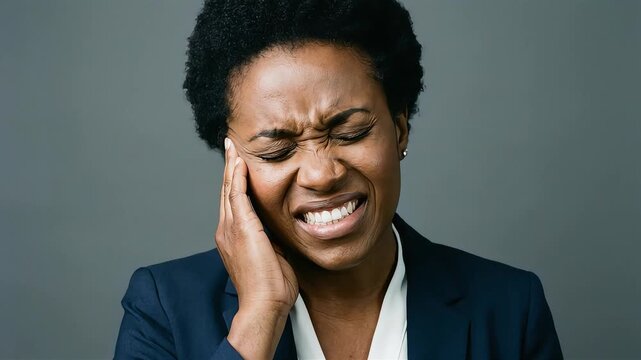 A Black woman in a suit winces and clutches her cheek in pain from a severe toothache.