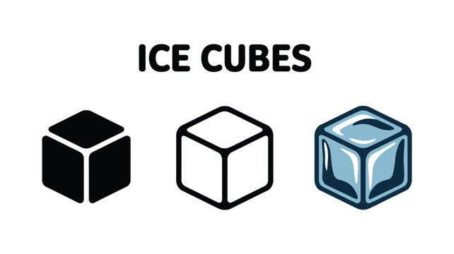 Ice cube icon collection featuring cartoon silhouette and outline designs isolated on white background for beverages, summer and cooling graphics.