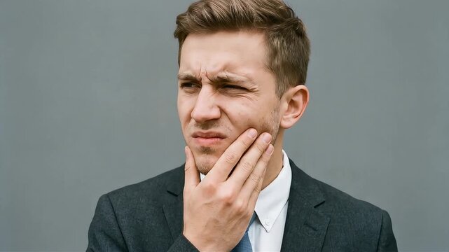A man in a suit touches a tooth that feels strange and painful to examine it.